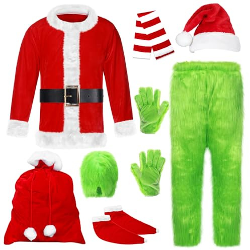 Suffolly 8PCS Adult Green Monster Christmas Costume for Men Christmas Santa Claus Outfit (Green, XL)