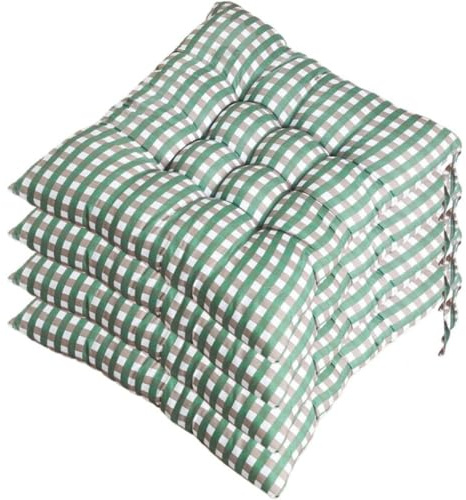 Paquete de 4 cojines para exterior con correas de sujeción, 40 x 40 cm, antideslizantes y duraderos, con diseño de rayas suaves para sillas de comedor, cocina, patio y jardín (cuadros verdes).