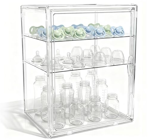 XLARGE Baby Bottle Organizer, UPGRADED Bottle Storage Organizer Baby for Countertop Cabinet, Removable Baby Organizer with Magnetic Door, Bottle Station Organizer for Nipples, Pump Parts, THICKENED