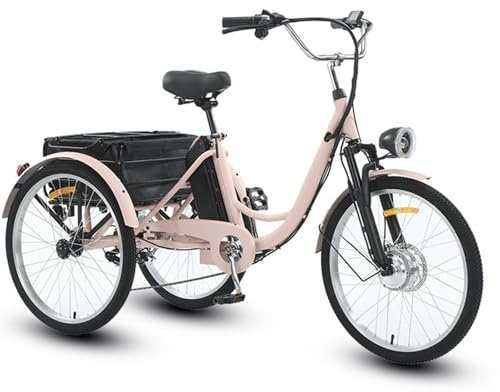 EaThsalL 24 tum elektrisk trehjuling A lämplig för höjd 160–185 cm 3 trehjuliga hjul elektrisk lastcykel för vuxna lastkapacitet 200 kg med shoppingvagn rosa