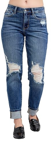Judy Blue Womens Jeans - Mid Rise Boyfriend Fit with Destroy, Cell Phone Pocket & Faux Selvedge Cuff (15/32, Dark Blue)