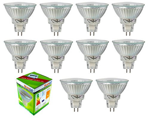 Trango 10er Set MR16030 LED Leuchtmittel mit MR16 Fassung zum Austausch von herkömmlichen Halogen Leuchtmittel MR16 I GU5.3 I G4 12 Volt 3000K warm-weiß Glühlampe, Reflektor Lampe