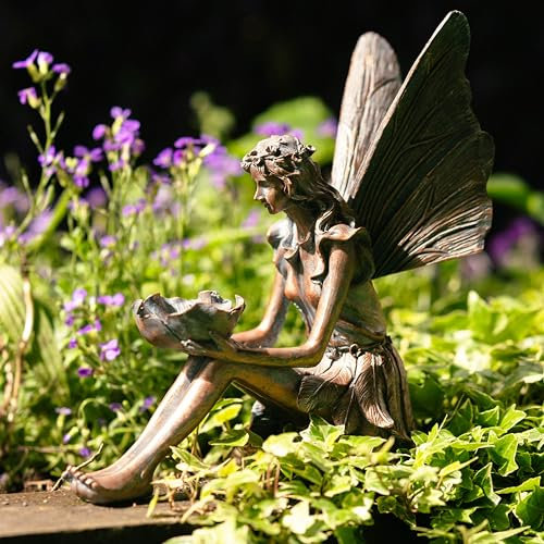 Garden Mile Sitting Fairy Garden Statue Magical Elf Outdoor Unusual Bronze Effect Fairies Figurines Resin Statues for Patio Porch Flowerbed Gardens Gift for Women Men
