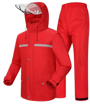 iCreek Rain Suit Waterproof Jacket and Trouser Suit Raincoat for Men and Women Outdoor All-Sport Breathable Anti-storm (L-USA, Red)