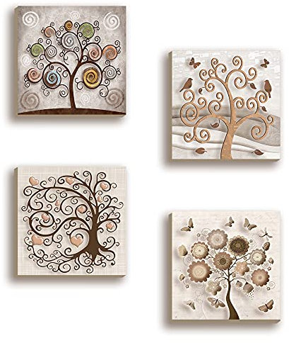 Lupia - Set 4 Quadri Moderni su Carta telata Albero della Vita Landscapes, Pronti da Appendere, Multicolore, 16x16 cm, Carta, Decorazione per Cucina, Soggiorno, Ufficio, Idea Regalo bomboniera