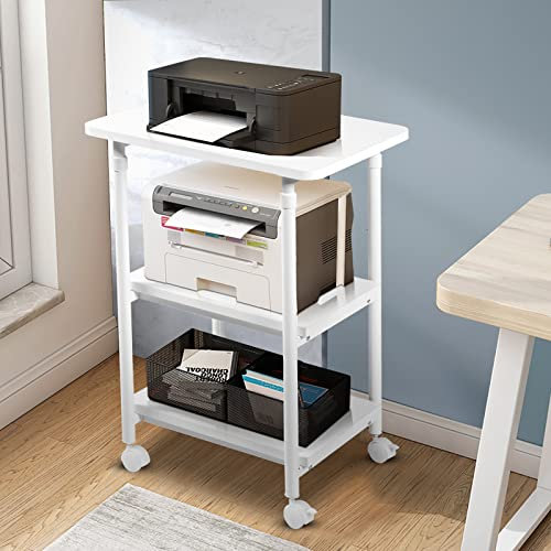 GIANTEX Druckertisch mit Rollen, Druckerständer Druckerwagen höhenverstellbar mit 3 Ebenen, Druckerschrank Rollcontainer Druckerhalter Holz, Drucker Beistelltisch, Druckerregal kleines Rollregal Büro