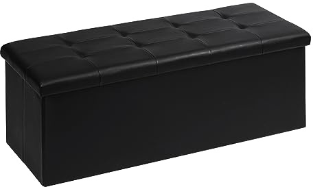 PINPLUS Folding Storage Ottoman Bench, Black Faux Leather Long Chest with Tray, Footrest Seat, Blanket Storage for Living Room Bedroom Office Hallway, 43.3x15x15
