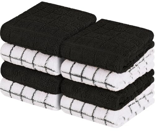 Westlane Linens 30x30cm Small Cotton Tea Towels for Kitchen – Soft Dish Cloths, Lint-Free Cloths, and Kitchen Towels Set (Black & White - Pack of 8)