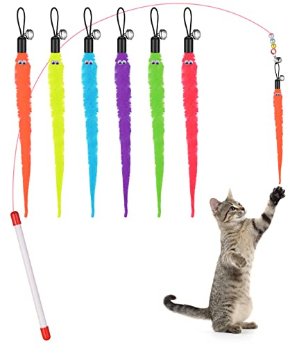 Cobee Cat Wand Toy Cat Feather Toys Cat Wand Toy Set Retractable Interactive Cat Wand Rod 6pcs Colourful Refills Worms with Bells Replacement Refill Furry Tail Worm Interactive Cat Chaser Toys