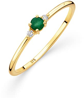 OROVI - Anillo de oro para mujer con zafiro, amatista, rubí, esmeralda/topacio y 2 diamantes de 0,03 quilates, anillo trilogía anillo de compromiso de oro amarillo de 9 quilates (375), Oro amarillo