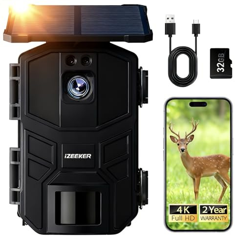 iZEEKER Wildlife Camera with Night Vision Motion Activated, Wildlife Camera WiFi Solar 4K 64MP with 32GB Micro SD Card, Trail Camera 5200mAh Battery 0.1s Trigger IP66 Waterproof Garden Monitoring