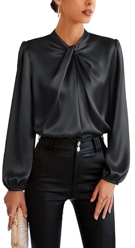 Women's Solid Wear to Work Blouse Mock Neck Lantern Long Sleeve Shirt Twist Front Top 2024 Trendy Black,S