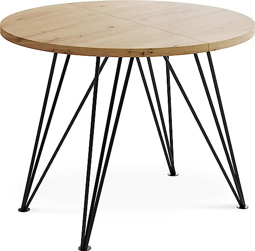 WFL GROUP Runder Ausziehbarer Esstisch - Loft Style Tisch mit Metallbeinen - 100 bis 180 cm - Industrieller Rund Tisch für Wohnzimmer - Spacesaver - Eiche Artisan