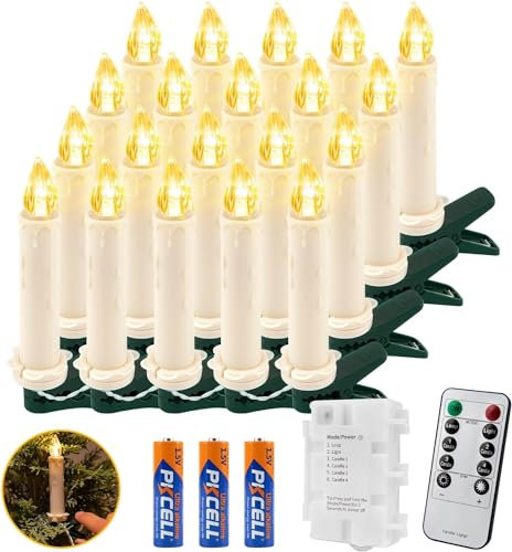 Koopower 2x 20er LED Kerzen mit Timer, Batterien und Fernbedienung auf 10m IP65 Wasserdichte transparentes Kabel, Dimmbar Kerzenlichterkette für Weihnachtsbaum, Hochzeit, Party-Warmweiß