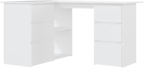 vidaXL Corner Desk - White Engineered Wood, Modern Scandinavian Style with Drawers and Shelves for Office and Living Room, Easy Assembly
