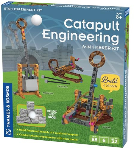Thames & Kosmos Catapult Engineering STEM Maker Kit de fabrication de 6 modèles de machines médiévales uniques, explorez la physique mécanique, comprend des boules en mousse sûres et des projectiles à