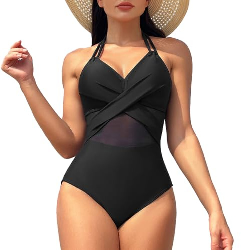EMOTTOS Maillot de Bain Une pièce pour Femme, Maillot de Bain Sexy Dos Nu à Encolure croisée avec Soutien-Gorge, Maillot de Bain Une pièce en Dentelle à Haute élasticité pour Le Ventre(04-L)