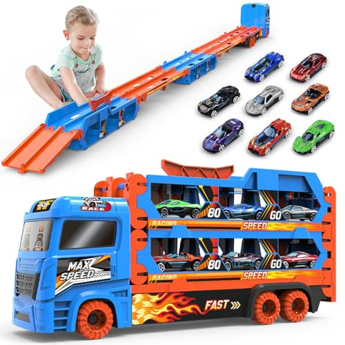 BAKAM Race Tracks Set for Kids Ages 3-5, Tracks for Toddlers 2-4 Years, Car Carrier Trucks Garage Toys for 3+ Year Old, Toys for Ages 2-4, 3 Year Old Boy Birthday Gift (Blue)