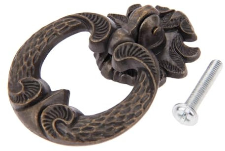 Pomo Puerta Entrada 1 Juego de perilla de anillo, mango de bronce antiguo, tirador de un solo orificio con tornillo, decoración de armario, cajón, armario de cocina, encaje Retro de 44x61mm Tirador Pu