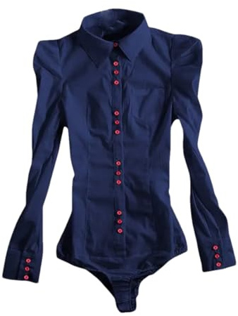 Vsadsau Donna Tinta unita Body Risvolto Manica Lunga Business Casual Bottoni Ufficio Slim Camicia Top, blu navy, M