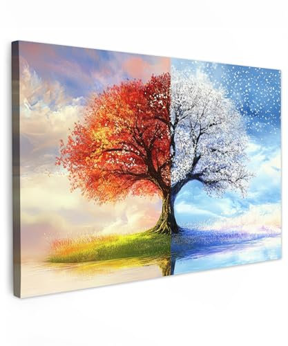 MuchoWow© Leinwandbilder Groß 120x80 cm XXL Wall Art Decoration Bilder für die Wand Schlafzimmer Deko Canvas Painting Wanddekoration Wohnzimmer Jahreszeiten - Kunst - Baum - Winter - Herbst