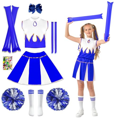 HILKKET Cheerleader Kostüm Kinder, Cheerleadering Outfit Mädchen, Cheerleading Kleid Cheer Uniformen Kinder Cheer Outfit Karneval Kostüm (Blau, 130)