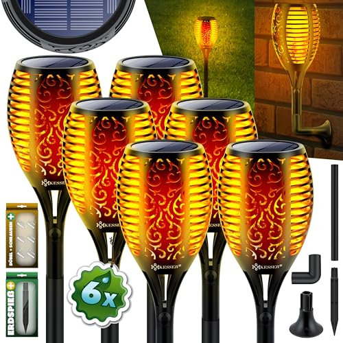 KESSER® Lot de 6 torches solaires de jardin - Avec support mural + piquet - Capteur de lumière - Résistant aux intempéries - Lampe solaire de jardin - 12 LED