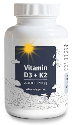 Vitamin D3 20000 I.E. mit 200μg Vitamin K2 All-Trans-MK7-180 vegetarische Tabletten - Depot: 1 Tablette pro 20 Tage