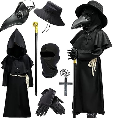 Haozozo Costume Halloween Bambino Medico Della Peste,Vestito Halloween Bambino Con Bastone Classico,Cintura,Collana Con Croce, Maschera In Pelle E Berretto - Costumi Halloween Bambini (120 cm)