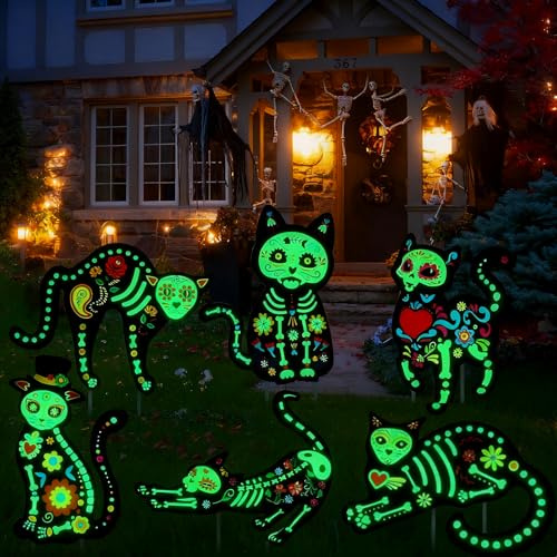 Fangoo 6 Pezzi Cartelli Da Giardino Con Gatto Nero per Halloween Decorazione Gatto Scheletro Luminoso per Decorare Giardini, Prati E Sentieri Nel Bosco Crea L'Atmosfera Di Halloween