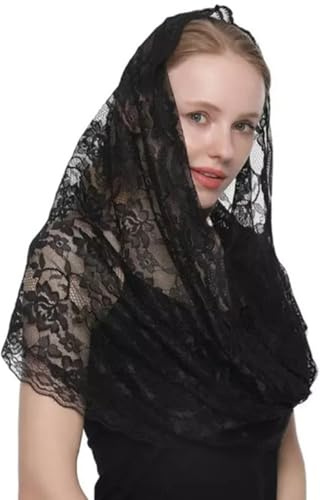 ZEPFJHE Elegante Velo Mantiglia In Pizzo Per Matrimonio Tradizionale Fiore Del Merletto Velo Testa Copertura Per Gli Islami Cattolici Copricapo Donne Accessorio, Nero , Taglia unica