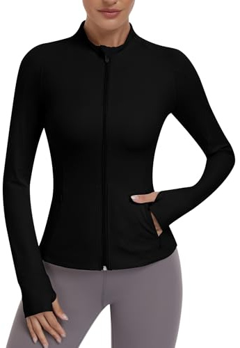JoyGirl Womens Zip Up Sports Running Jacket with Pockets | 4 Pockets, Long Sleeve Gym Jacket, Slim Fit Gym Yoga Tops, Thumb Holes, Sports Running Top, Breathable Stretchy Athletic