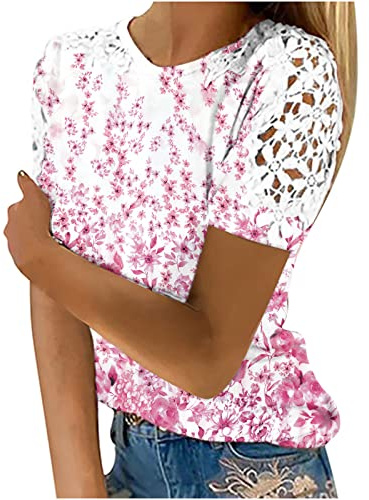 Womens Oversized T Shirt Boho Tunic Tops Floral Blouses Short Sleeve Round Neck Pullover Lace Tops Shirts Blouse Evening Casual Tees Summer T Shirts Ladies Short Sleeve Top