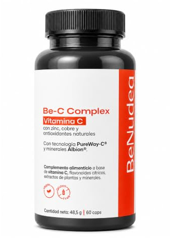 BeNudea Be-C Complex – Vitamina C 450 mg PureWay-C® Alta Absorción con Zinc y Cobre Albion® – Piel, Colágeno, Antioxidante y Defensas – Sin Estearato de Magnesio ni Dióxido de Silicio – 60 Cápsulas
