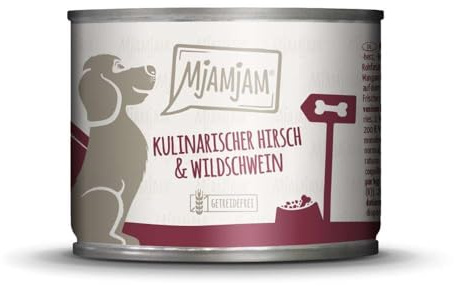 MjAMjAM - cibo umido premium per cani - cervo culinario e cinghiale con mirtilli rossi, confezione da 6 (6 x 200 g), senza cereali con carne extra