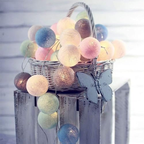 Ciskotu Lichterketten Inne Batterie, 3.8M Lichterkette Lampions 20 LED, Cotton Ball Lichterkette Kugeln für Kinderzimmer Weihnachten Party Garten Terrasse(Mehrfarbig)