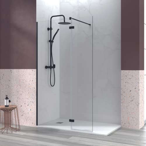 Mampara de Ducha Fijo Frontal + Puerta Abatible | Panel Pantalla Fijo Ducha con Puerta Abatible de Vidrio Templado de 6mm | Tratamiento Antical y Altura de 195cm. | Negro Mate 70+40cm