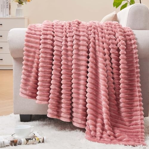 BEDELITE 3D Ribbed Jacquard Pink Fleece Throw Blanket for Couch, 50x60 Inch