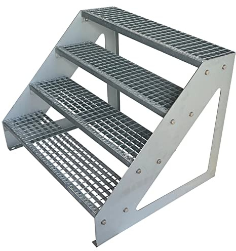 Premium Caillebotis acier Escalier à limon 4 Marches Autoportant Entièrement galvanisé - Dimensions (L x l x H) 82cm x 60cm x 76cm Résistant aux intempéries et protégé contre la corrosion