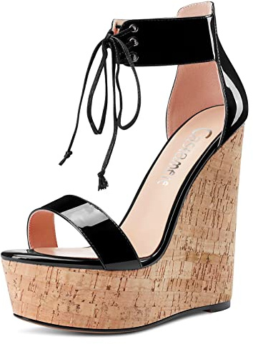 Castamere Femmes Haut High Compensé Plate-forme Talon Heel Ouvert Bout Lanières Cheville Dentelle Sandales Clear Dress 15 CM Heels Noir 38 EU