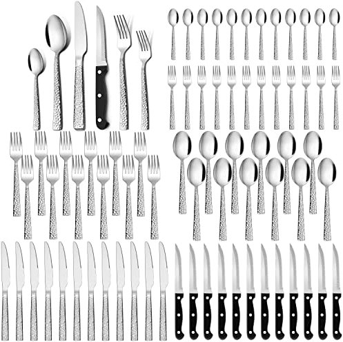 Homikit Juego de cubertería para 12 personas, 72 piezas, con cuchillo de carne, acero inoxidable, con cuchara, cuchillo, tenedor, cubiertos martillados, aptos para lavavajillas y saludables
