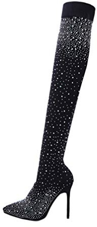 ERINGOGO Damen Overknee Stiefel Mit Hohem Absatz Und Strass Dekoration Elastische Schwarze Stretch Stiefel Für Elegante Anlässe Und Alltag