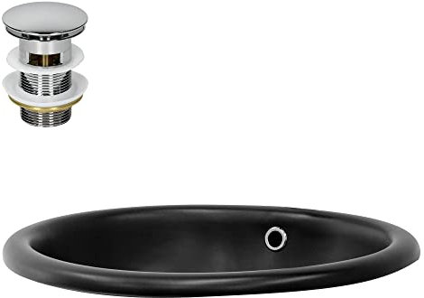 ML-Design Lavabo en Céramique Noir Mat 49x40,5x19,5 cm avec Garniture de Vidage 1 1/4 Universelle et Trop-Plein, Design Ovale, Vasque à Encastrer Moderne, Évier Lave-Mains pour Salle de Bain