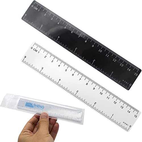 TAOSHENG 6-Inch Plastic Straight Ruler Set, 15-CM Flexible Dual-Scale Measuring Tool for Student School Office, 1 Black & 1 Transparent