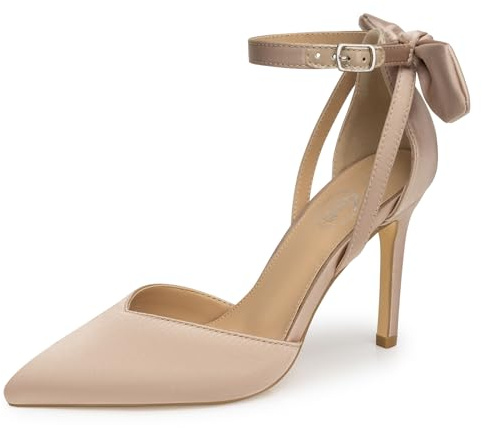 Trary Nude Heels for Women Closed Pointed Toe Heels Women's Pumps Stiletto High Shoes with Bow Knot Comfortable Ankle Strap Office Party Wedding Dress Shoes 3.74 Heel Size 10