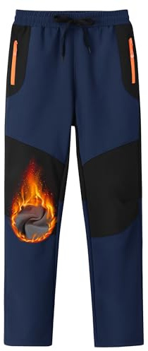 MoFiz Kids Winter Hiking Pants Kids Fleece Lined Hiking Pants Boys Waterproof Insulated Pants Navy Blue 10-12