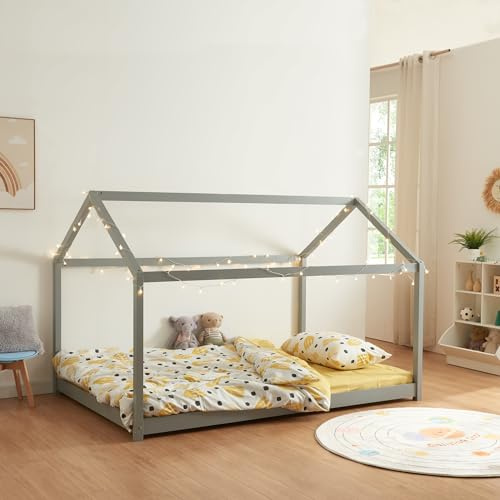 [en.casa] Lit Cabane pour Enfant avec Sommier à Lattes Lit Double en Forme de Maison sans Matelas Capacité de Charge 140 kg Bois de Pin Contreplaqué 140 x 200 cm Gris