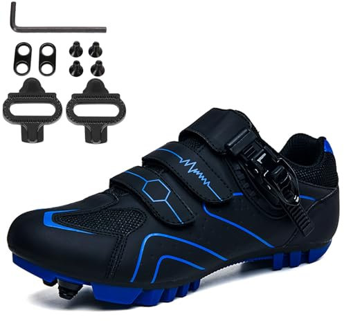 NGARY Mountain Bike Cycling Shoes for Men/Women, Non-Slip Breathable MTB Bike Shoes Compatible with SPD 2 Bolts Pedals with Delta, Riding Racing Sneakers,Black Blue,10.5 UK