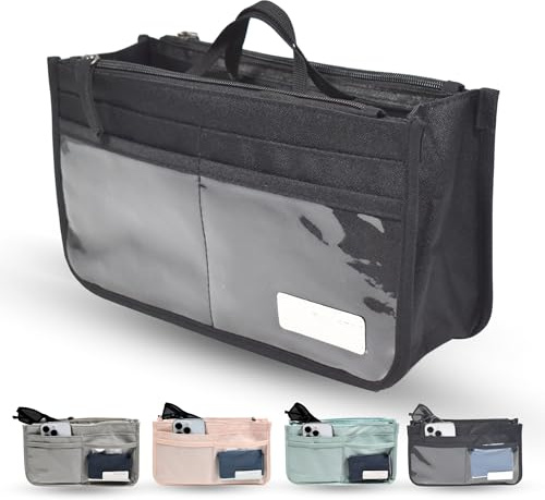 Organizador de bolsos de mujer insertable para interior de bolso, 2 asas, 13 compartimentos (10 bolsillos, 6 transparentes, 2 con cremallera, 1 central grande), ligero, poliéster 27,5x15,5x9,5cm NEGRO
