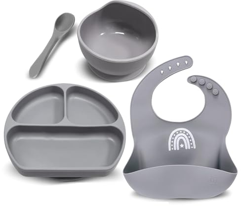Miracle Baby Set Pappa Svezzamento Silicone Piatto con Ventosa per Bambini Ciotola Antiscivolo Bavaglino et Cucchiaino Set Prima Pappa per Neonato, Senza BPA e Anti Odore 4in (1, Grigio)